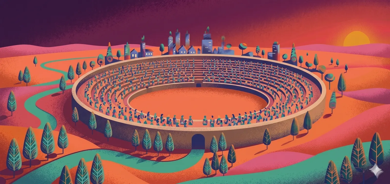 Illustrazione di uno stadio circolare gremito di studenti al tramonto